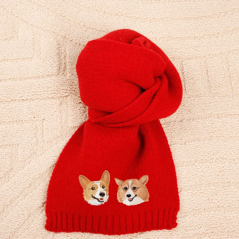 Personalized Pet Face and Name Scarf Custom Embroidered Pet Portrait Scarf Christmas Gift for Dog Mom/Dad