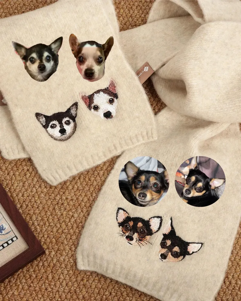 Personalized Pet Face and Name Scarf Custom Embroidered Pet Portrait Scarf Christmas Gift for Dog Mom/Dad