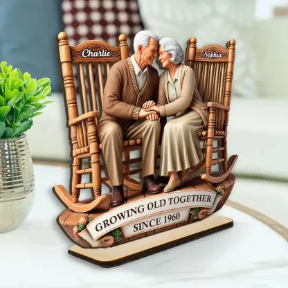 Personalized 3D Effect Old Couple Sitting on Rocking Chairs Together Standing Wooden Anniversary Plaque Gift for Wife