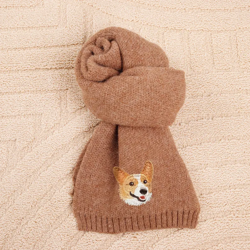 Personalized Pet Face and Name Scarf Custom Embroidered Pet Portrait Scarf Christmas Gift for Dog Mom/Dad