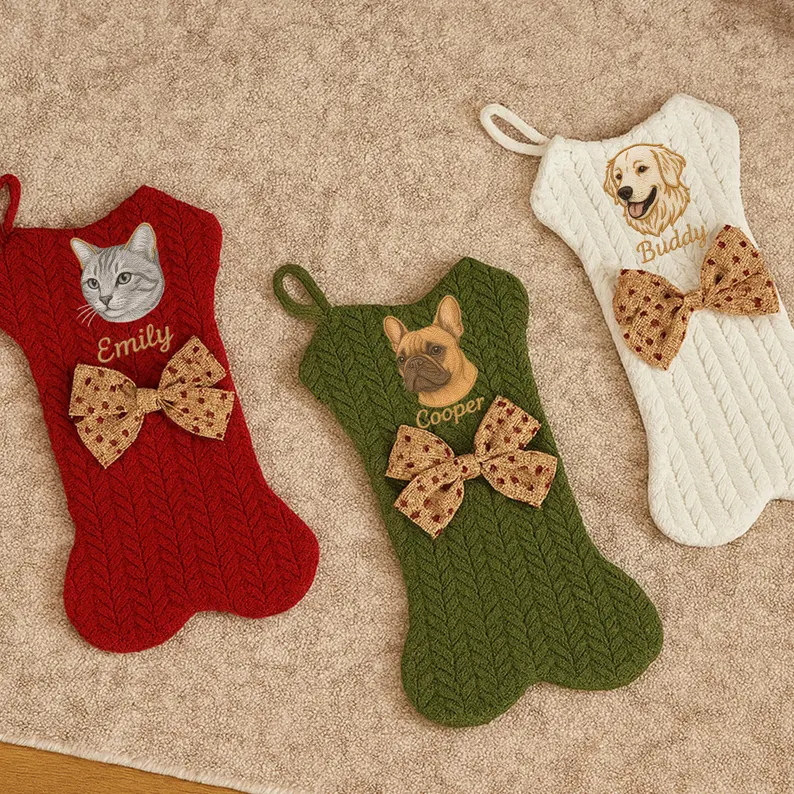 Personalized Pet Portrait Christmas Stocking Custom Dog Bone Knit Stocking with Embroidered Pet Face & Name Holiday Gift for Dogs Cats