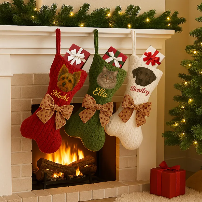 Personalized Pet Portrait Christmas Stocking Custom Dog Bone Knit Stocking with Embroidered Pet Face & Name Holiday Gift for Dogs Cats