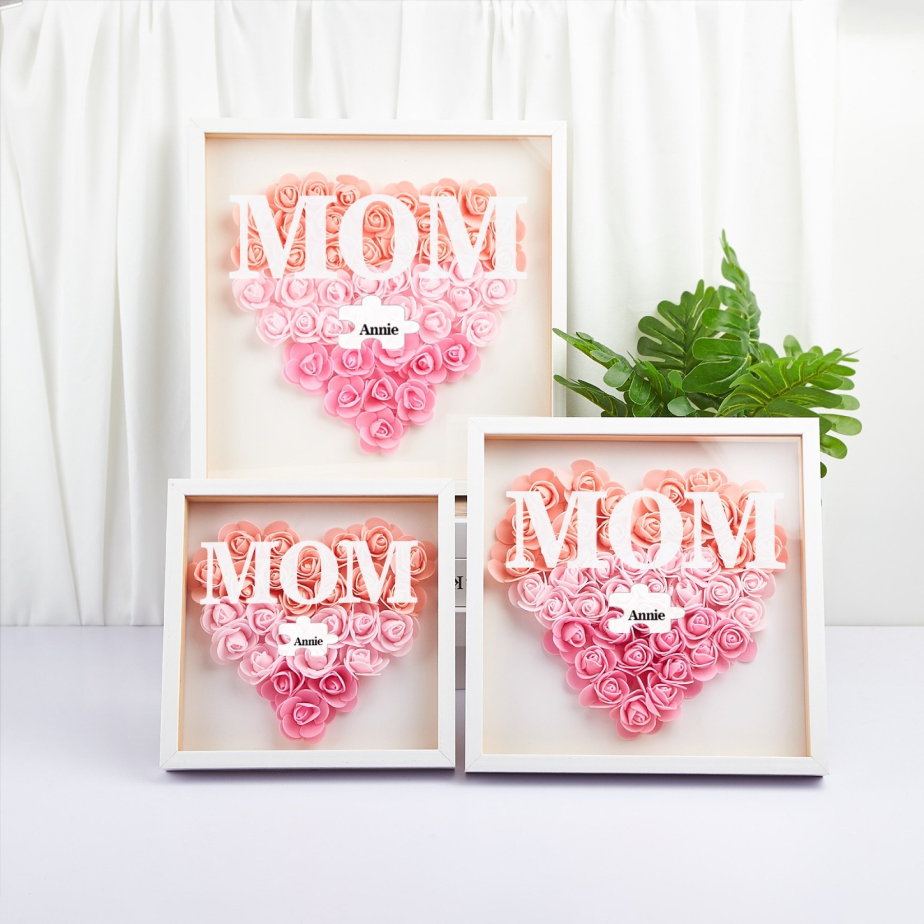 Personalized Flower Shadow Box Custom Puzzle Names Rose Frame Mother’s Day Gift for Mom, Grandma