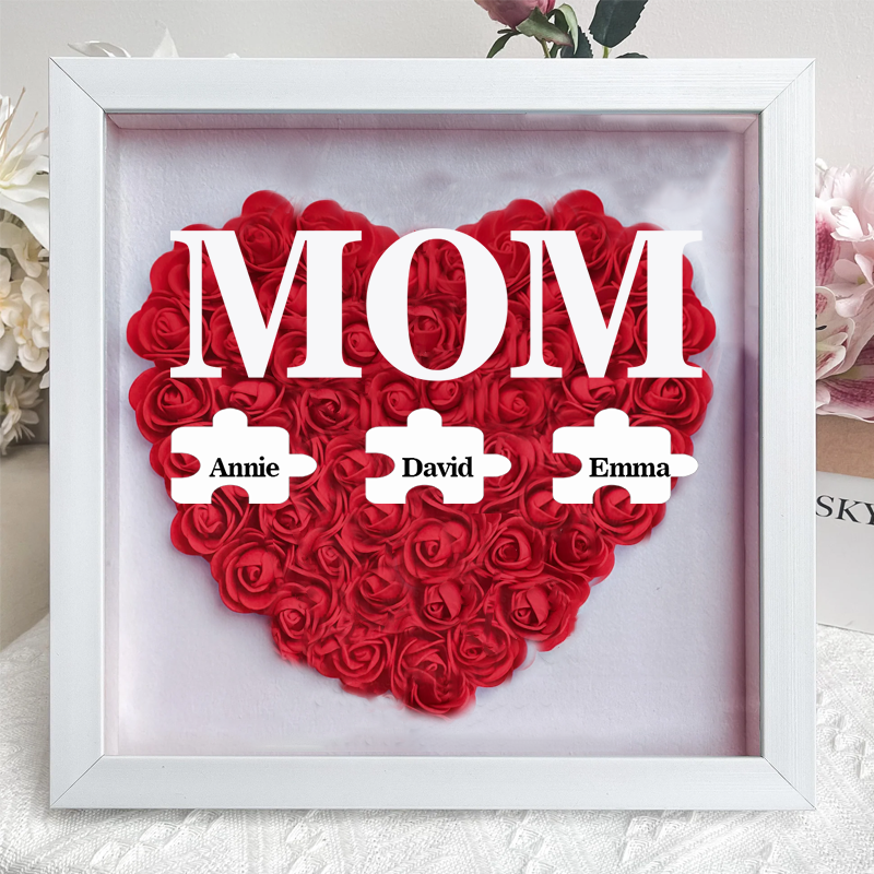 Personalized Flower Shadow Box Custom Puzzle Names Rose Frame Mother’s Day Gift for Mom, Grandma