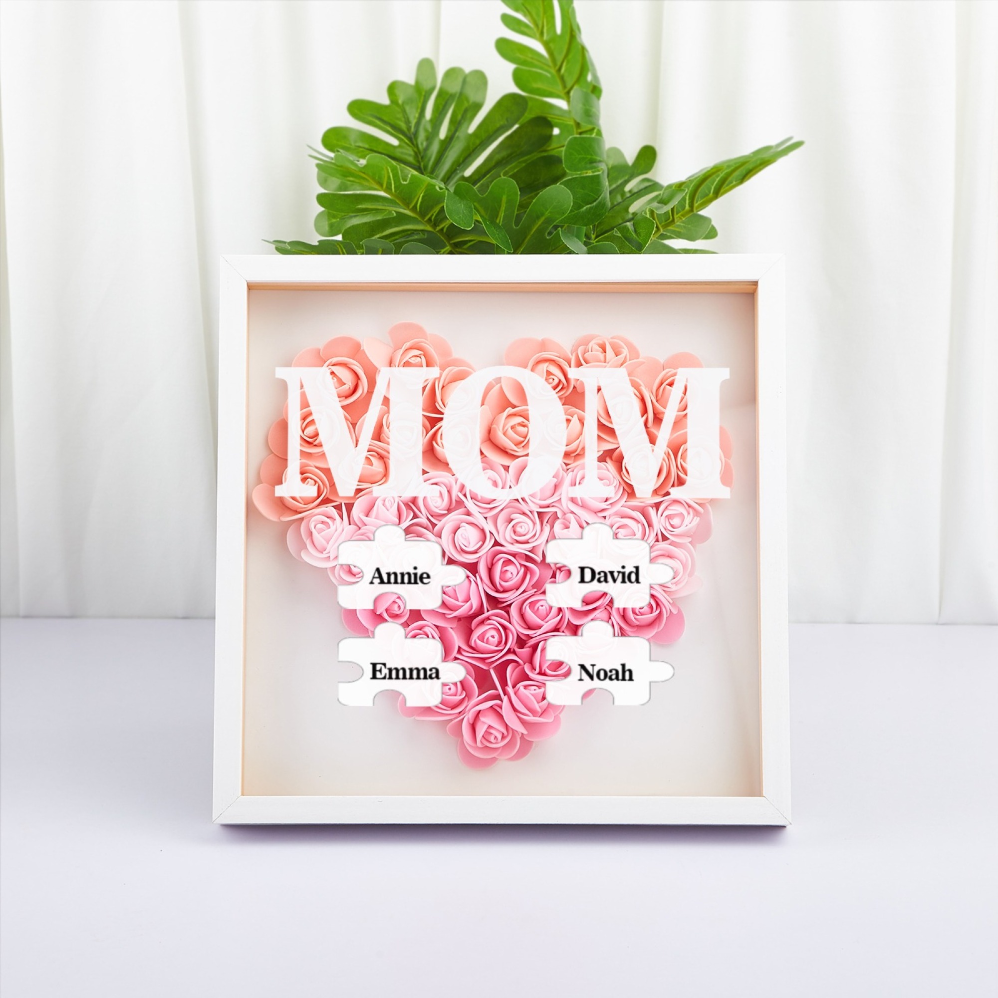 Personalized Flower Shadow Box Custom Puzzle Names Rose Frame Mother’s Day Gift for Mom, Grandma