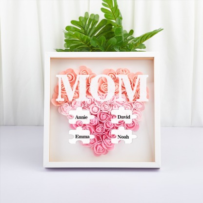 Personalized Flower Shadow Box Custom Puzzle Names Rose Frame Mother’s Day Gift for Mom, Grandma