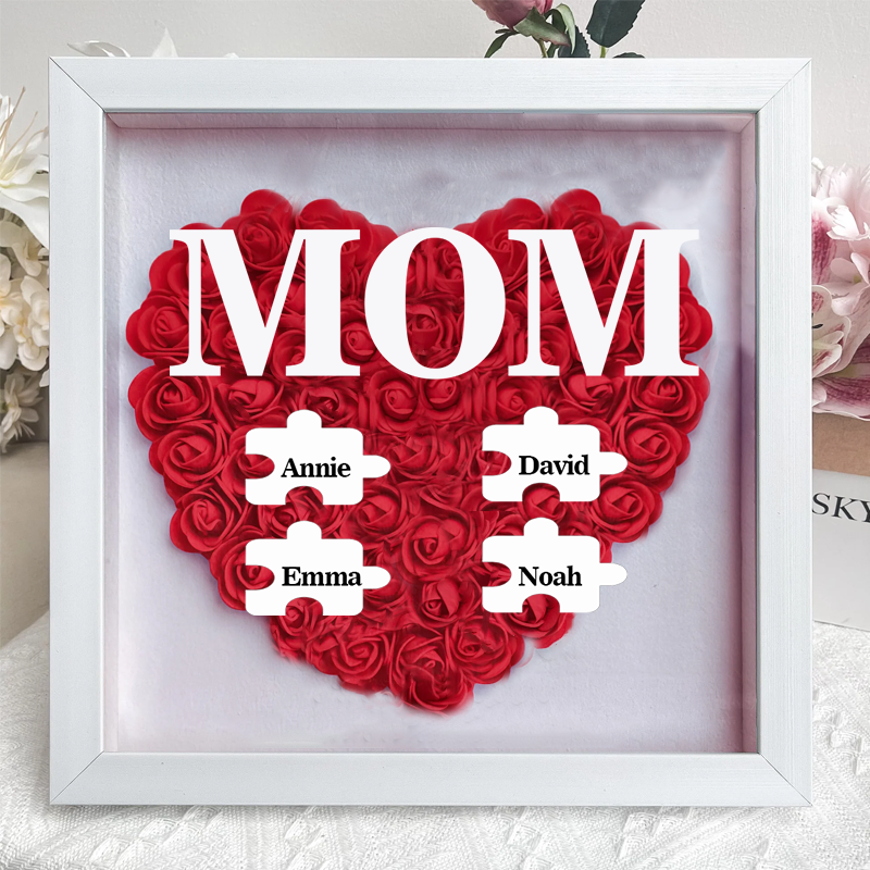 Personalized Flower Shadow Box Custom Puzzle Names Rose Frame Mother’s Day Gift for Mom, Grandma