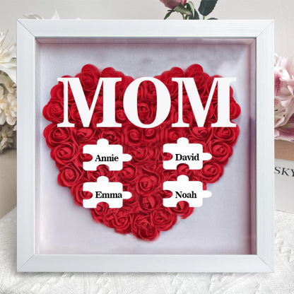 Personalized Flower Shadow Box Custom Puzzle Names Rose Frame Mother’s Day Gift for Mom, Grandma