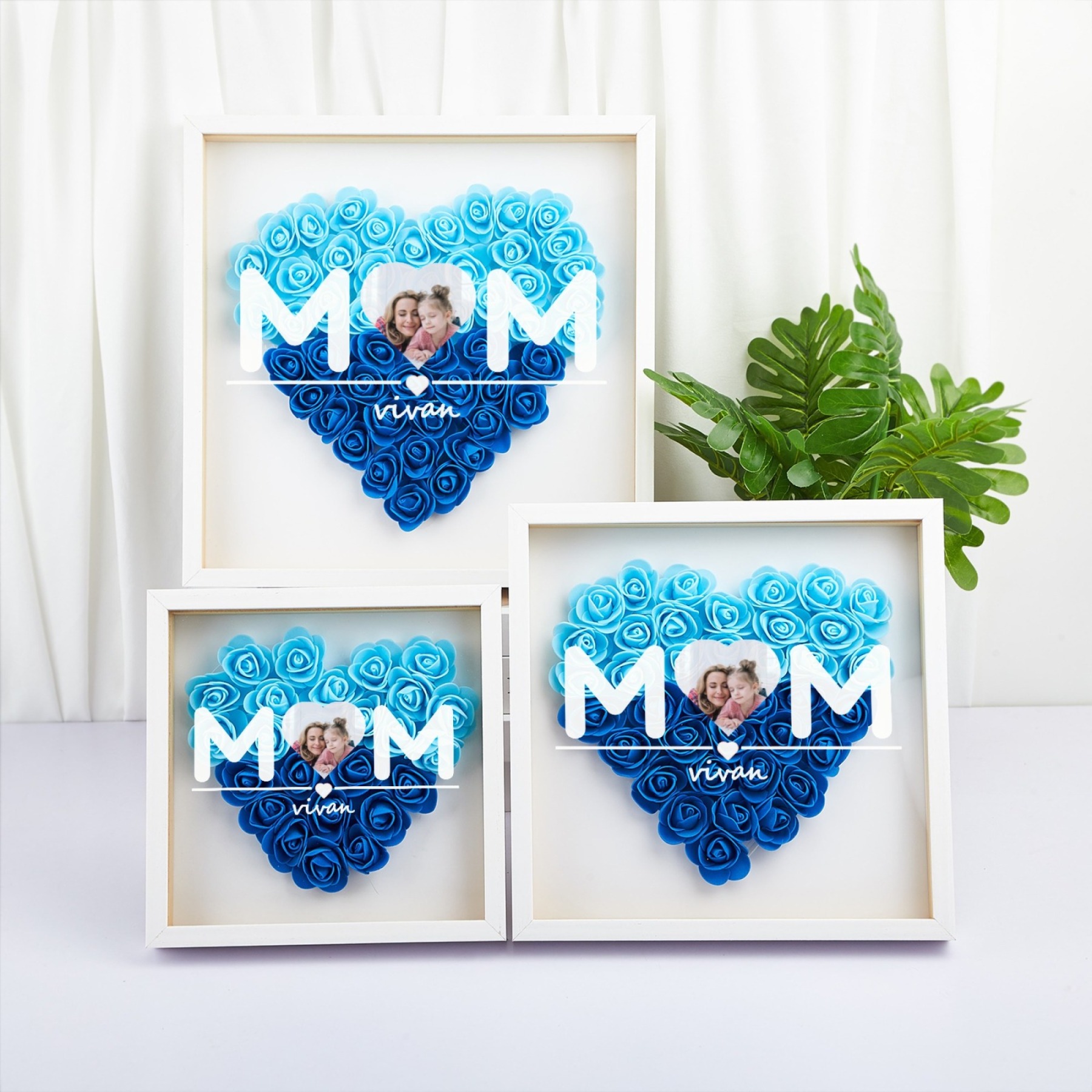 Custom Heart Photo Flower Shadow Box with Personalized 1-5 Names Rose Frame Mother’s Day Gift for Mom, Grandma, Nana