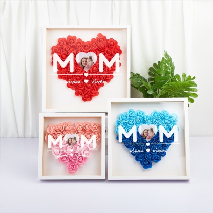 Custom Heart Photo Flower Shadow Box with Personalized 1-5 Names Rose Frame Mother’s Day Gift for Mom, Grandma, Nana