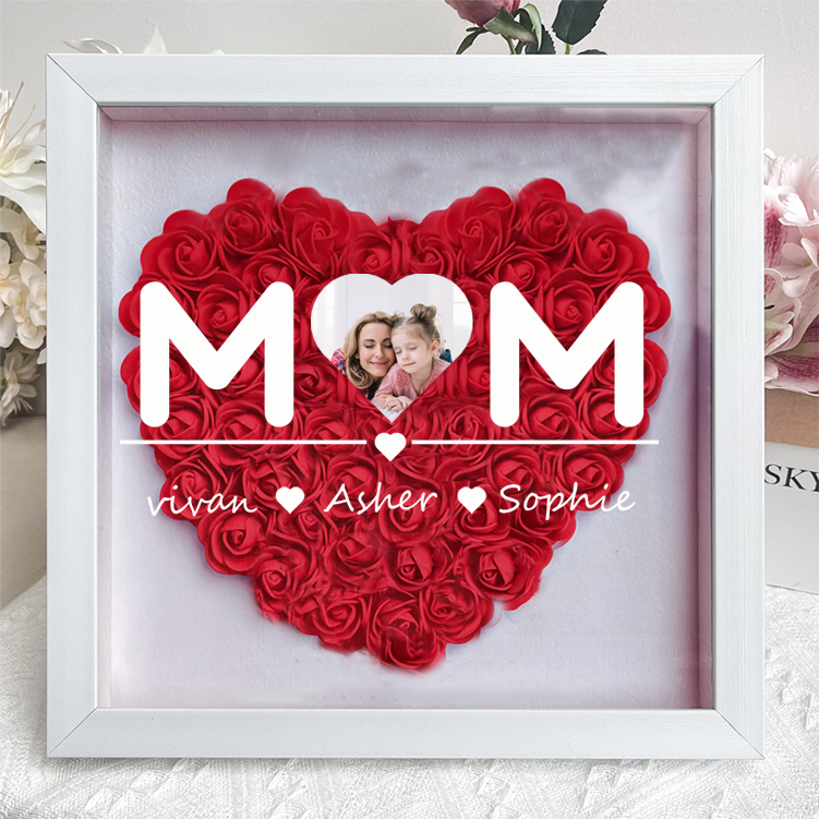 Custom Heart Photo Flower Shadow Box with Personalized 1-5 Names Rose Frame Mother’s Day Gift for Mom, Grandma, Nana