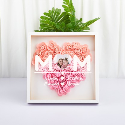 Custom Heart Photo Flower Shadow Box with Personalized 1-5 Names Rose Frame Mother’s Day Gift for Mom, Grandma, Nana