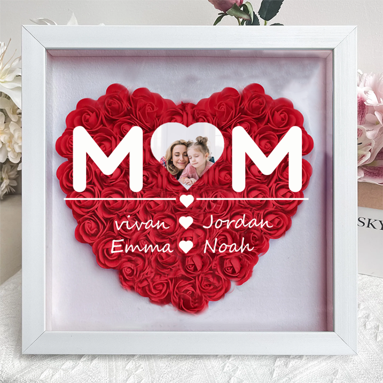 Custom Heart Photo Flower Shadow Box with Personalized 1-5 Names Rose Frame Mother’s Day Gift for Mom, Grandma, Nana
