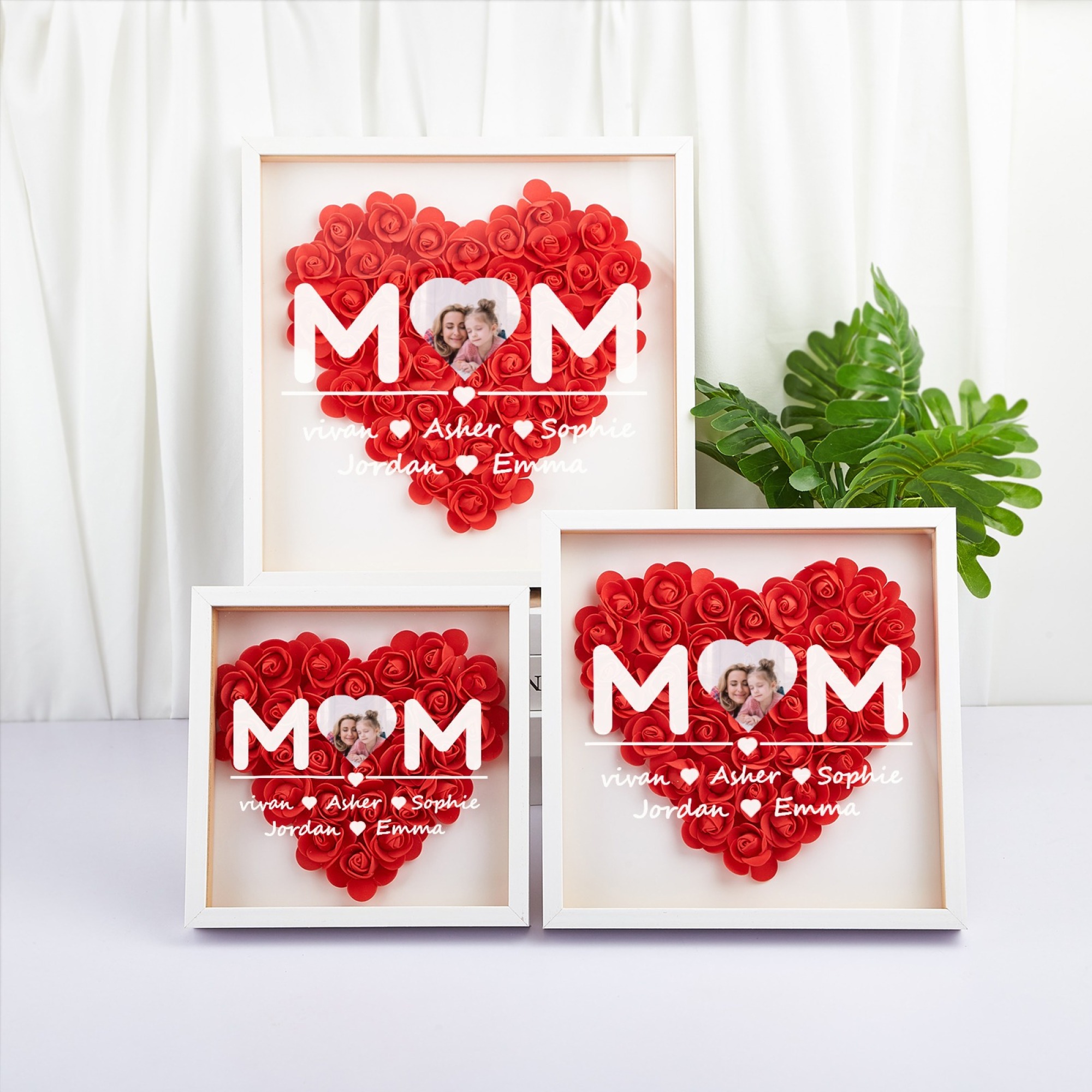 Custom Heart Photo Flower Shadow Box with Personalized 1-5 Names Rose Frame Mother’s Day Gift for Mom, Grandma, Nana