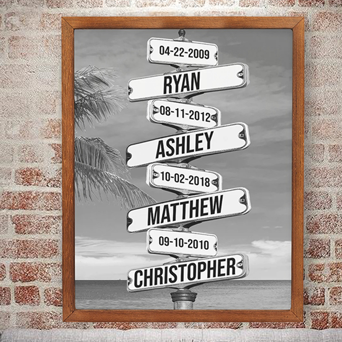 Personalized Family Names & Date of Birth Vintage Street Sign Canvas Custom Multi-Name for Family (with frame)