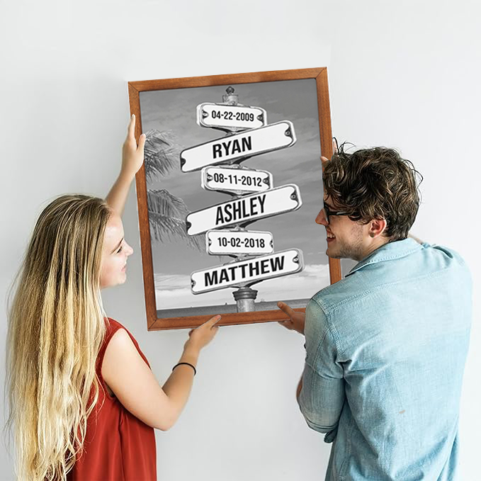 Personalized Family Names & Date of Birth Vintage Street Sign Canvas Custom Multi-Name for Family (with frame)