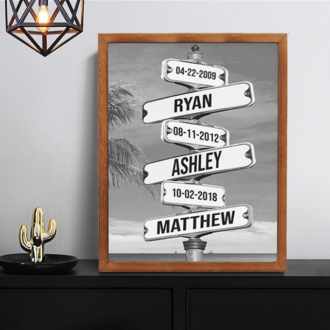 Personalized Family Names & Date of Birth Vintage Street Sign Canvas Custom Multi-Name for Family (with frame)