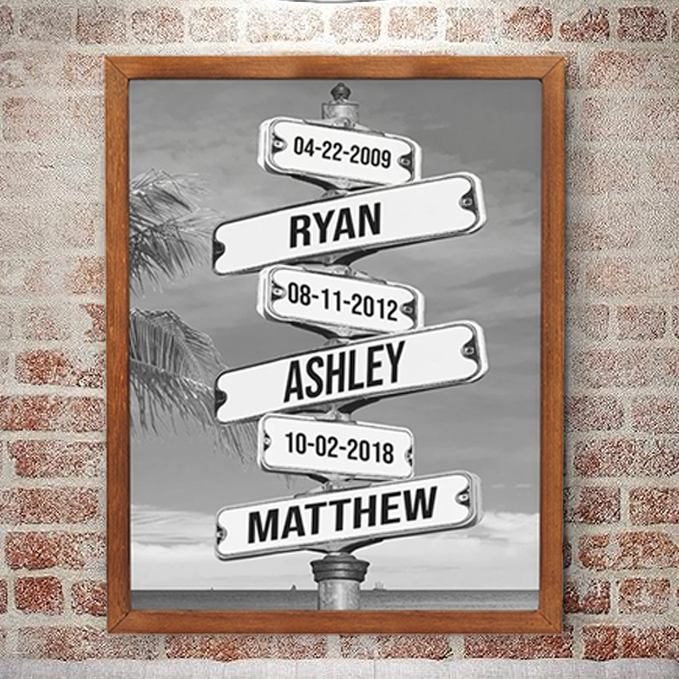 Personalized Family Names & Date of Birth Vintage Street Sign Canvas Custom Multi-Name for Family (with frame)