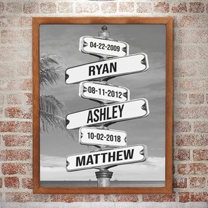 Personalized Family Names & Date of Birth Vintage Street Sign Canvas Custom Multi-Name for Family (with frame)