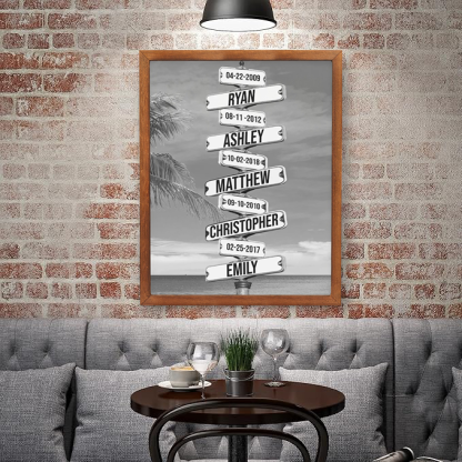 Personalized Family Names & Date of Birth Vintage Street Sign Canvas Custom Multi-Name for Family (with frame)