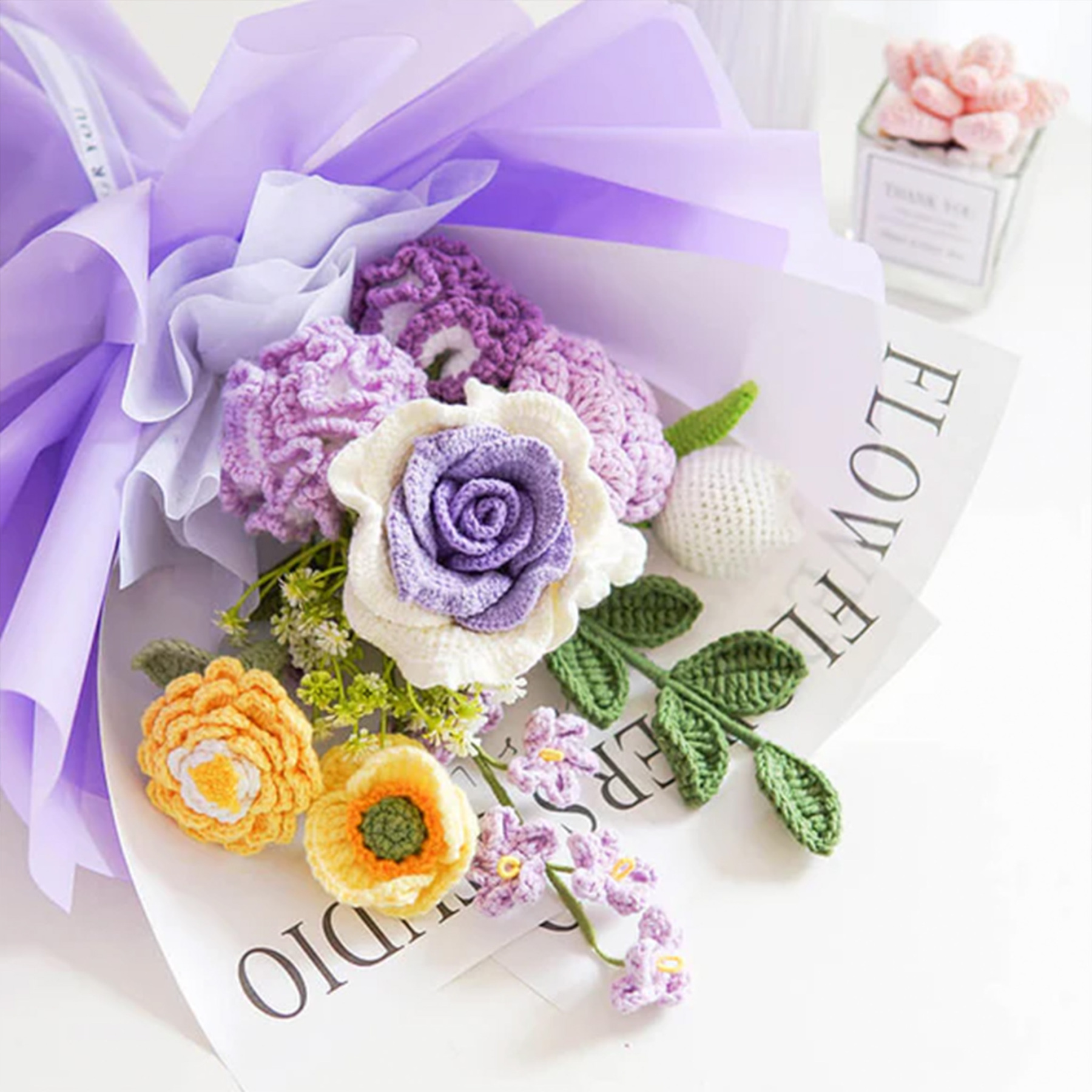 Weave Flowers Bouquet Rose Carnation Tulip Cosmos Myosotis 12 Flowers Bouquet Set