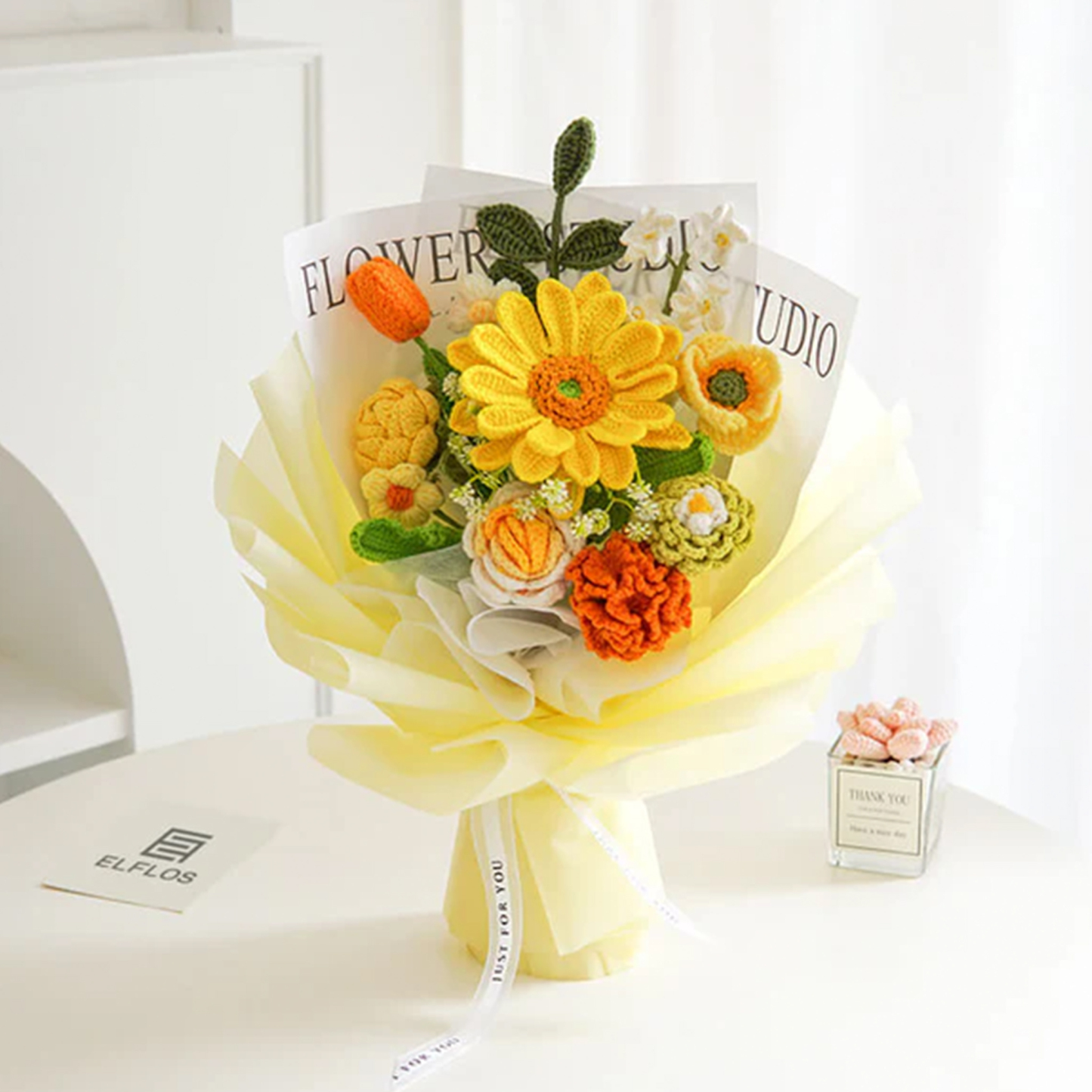 Weave Flowers Bouquet Daisy Rose Carnation Ranunculus Tulip Poppy Myosotis 12 Flowers Bouquet Set Gift for Her