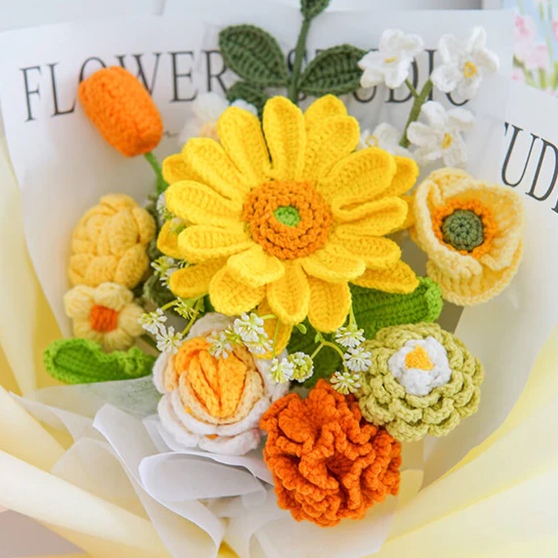 Weave Flowers Bouquet Daisy Rose Carnation Ranunculus Tulip Poppy Myosotis 12 Flowers Bouquet Set Gift for Her