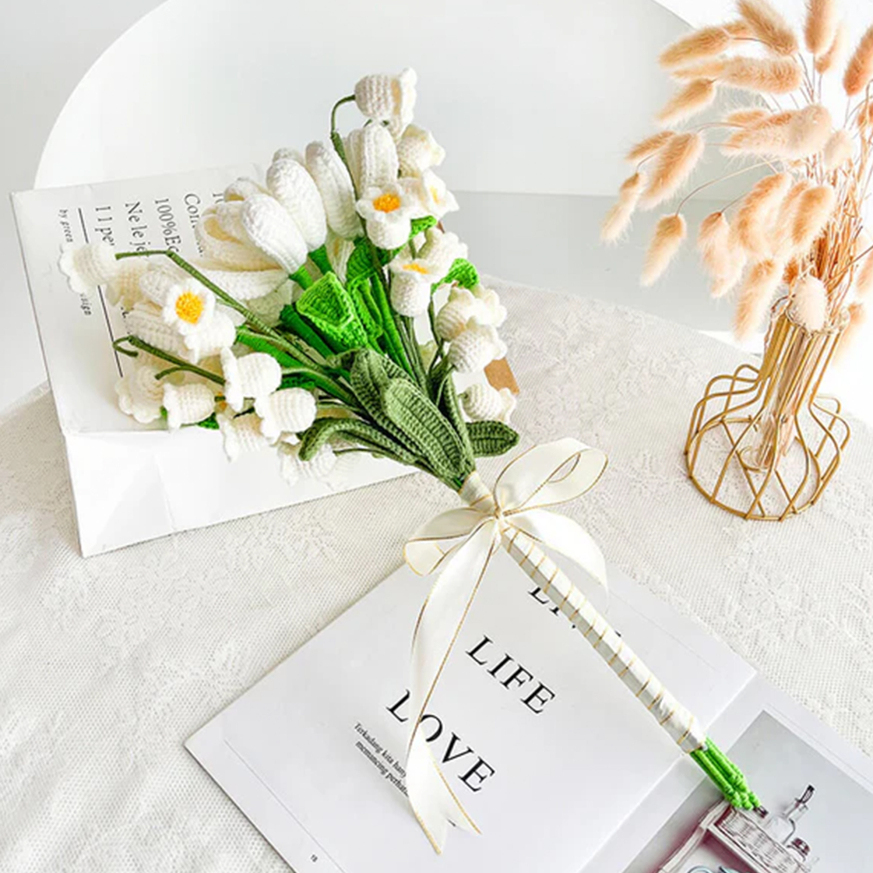 Weave Flowers Bouquet Tulip Lily of the Valley 21 Flowers Bouquet Set Gift for Wedding