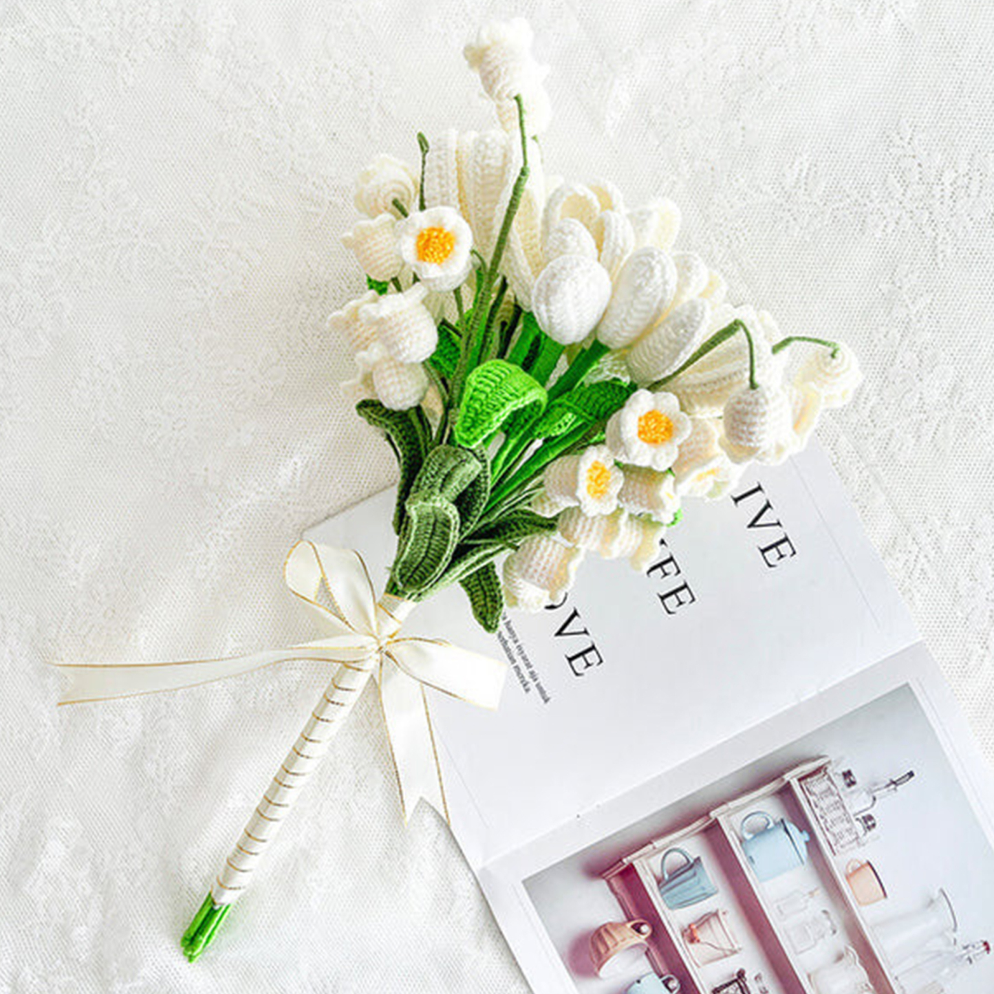 Weave Flowers Bouquet Tulip Lily of the Valley 21 Flowers Bouquet Set Gift for Wedding