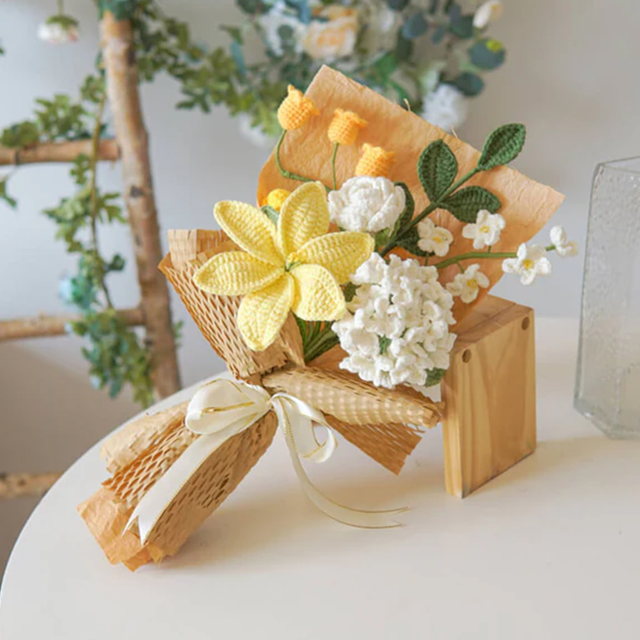Weave Flowers Bouquet Rose Lilies Hydrangea Lily of the Valley Myosotis  21 Flowers Set Anniversary Gift for Her