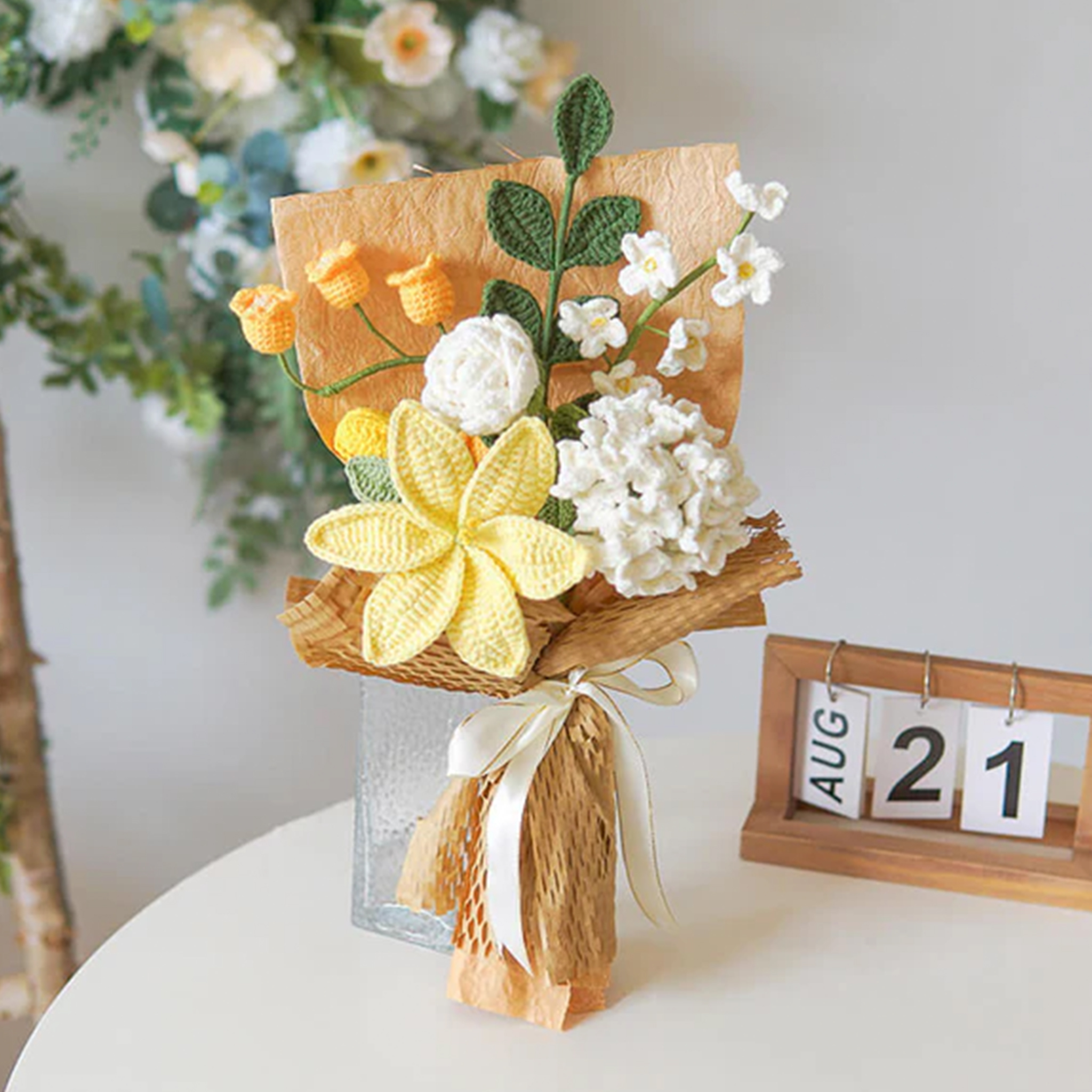 Weave Flowers Bouquet Rose Lilies Hydrangea Lily of the Valley Myosotis  21 Flowers Set Anniversary Gift for Her
