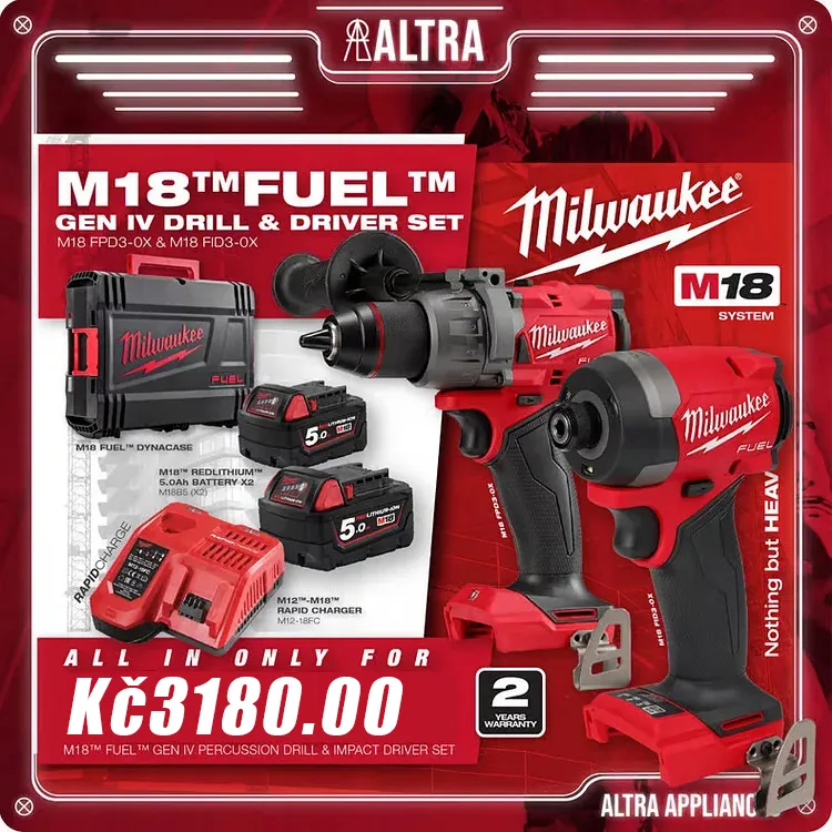 Veletrh Milwaukee v Německu - kombinovaná sada akumulátorového rázového kladiva a 18V šroubováku Milwaukee, dostupná v limitované nabídce pouze za 2700czk