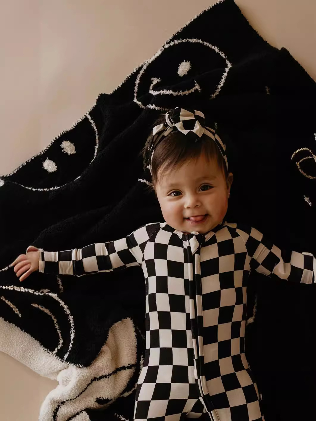 Bamboo Fiber Infant Black and White Checkered Romper