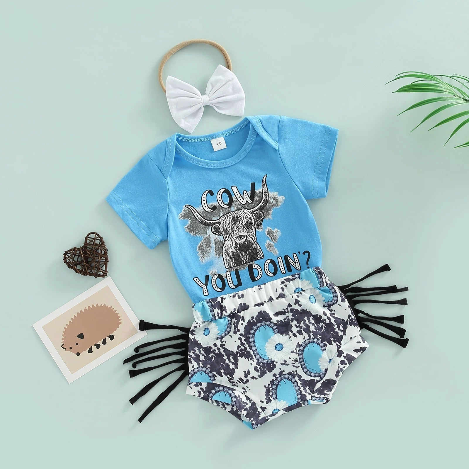 2 Piece Baby cow print tassels suit