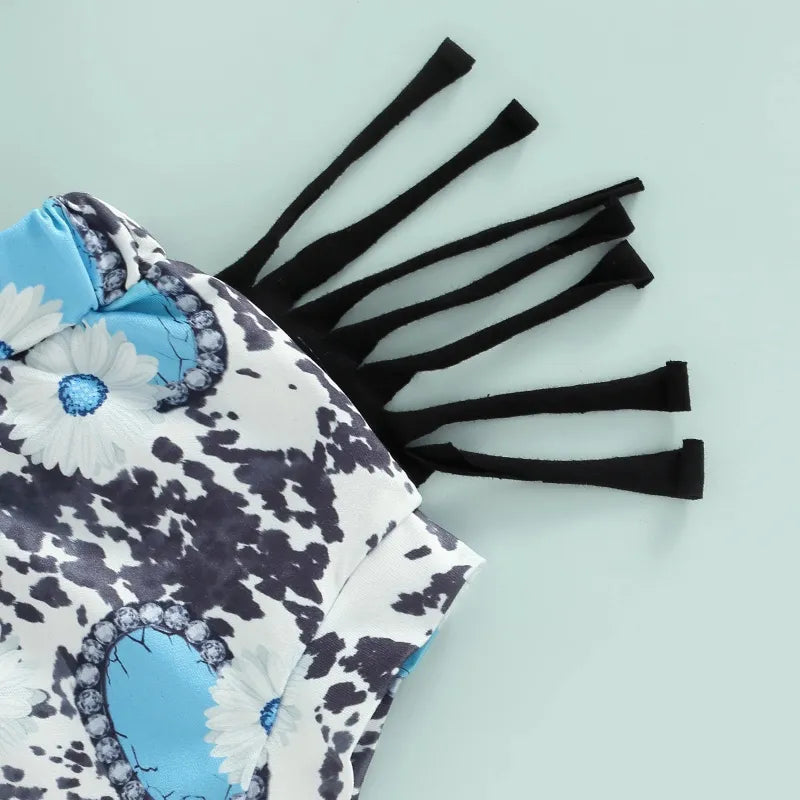 2 Piece Baby cow print tassels suit