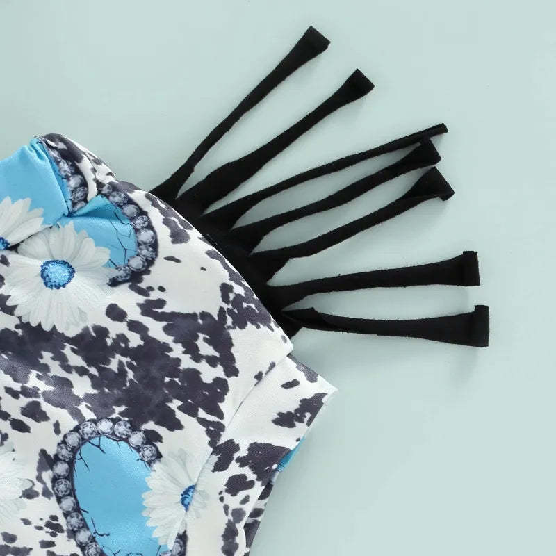 2 Piece Baby cow print tassels suit