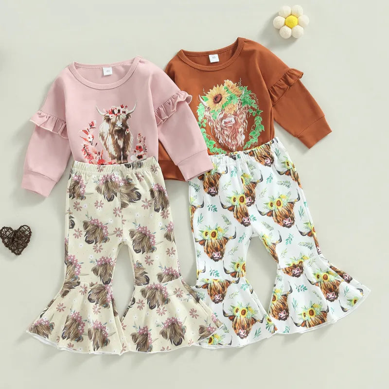 2 Piece Toddler girl cow farm print suit