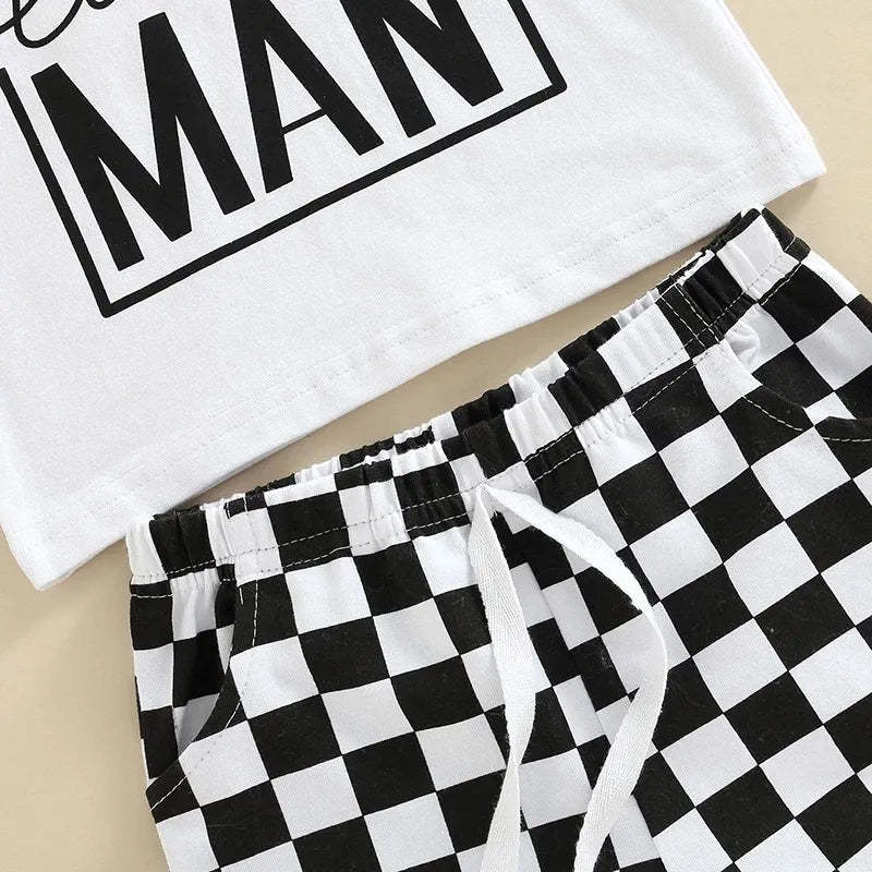 2 Piece Toddler plaid colorblock MAN print suit