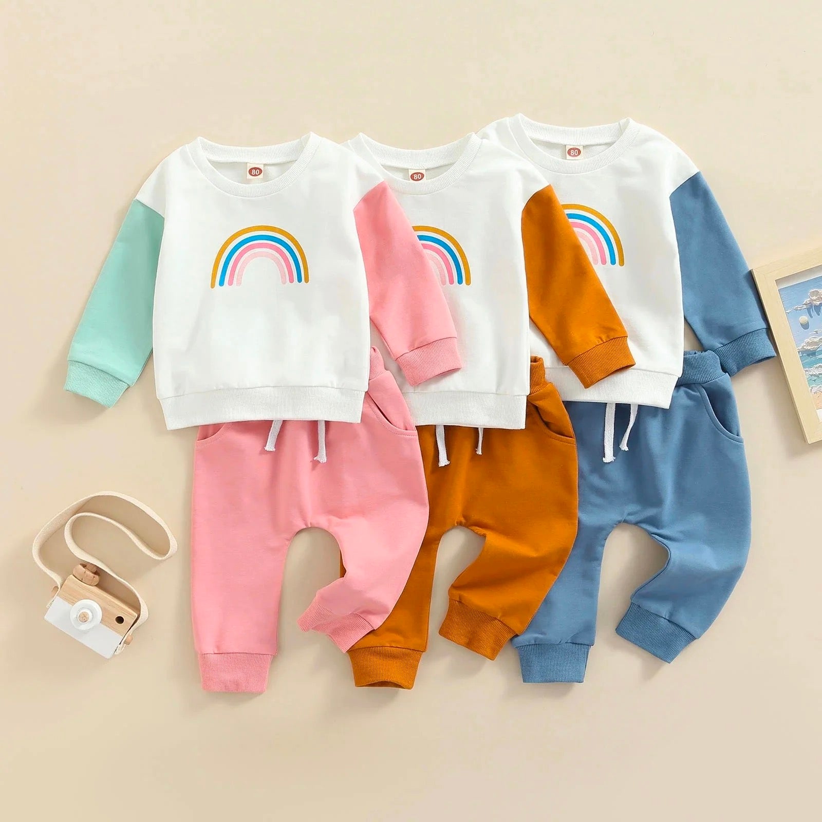2 Piece Baby rainbow print colorblock Suit