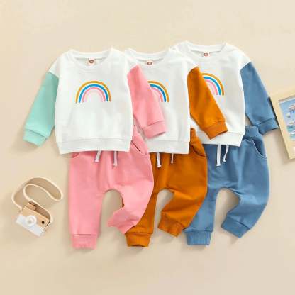 2 Piece Baby rainbow print colorblock Suit