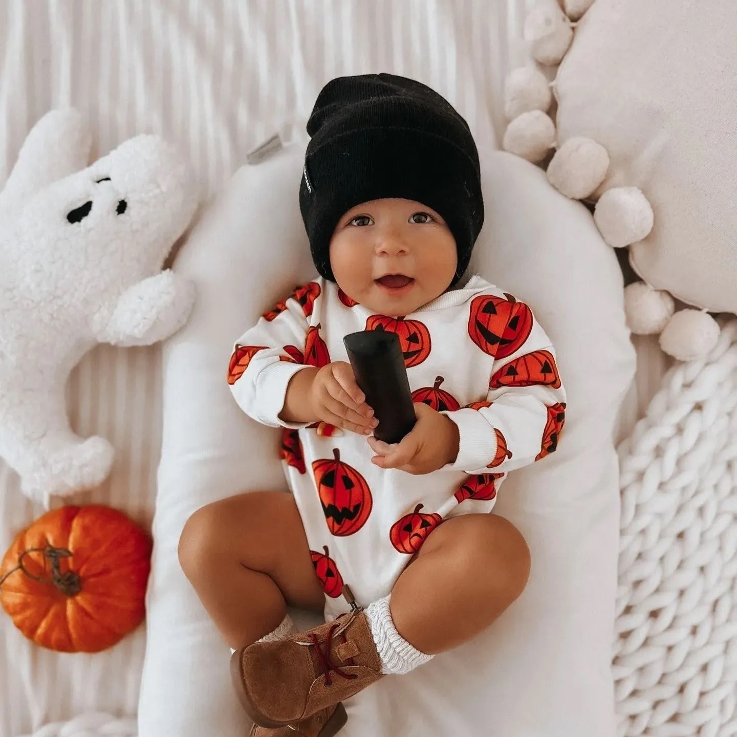Baby Pumpkin Print Hoodie Romper