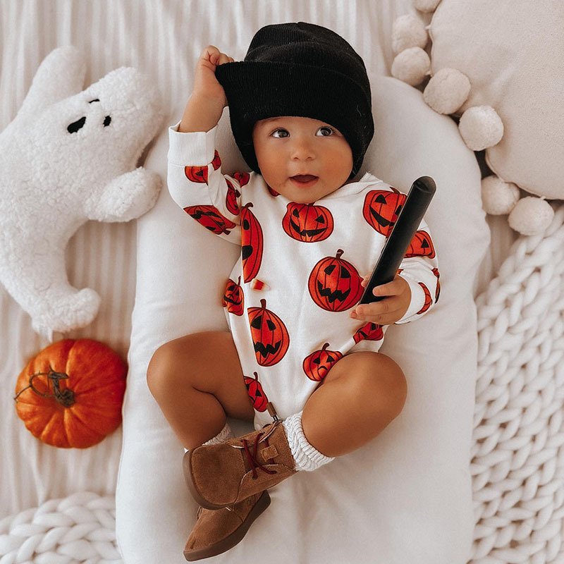 Baby Pumpkin Print Hoodie Romper