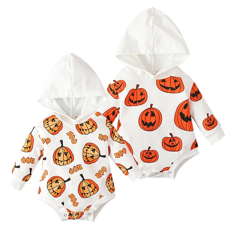 Baby Pumpkin Print Hoodie Romper