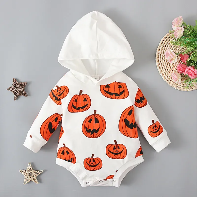 Baby Pumpkin Print Hoodie Romper