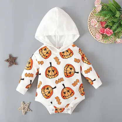 Baby Pumpkin Print Hoodie Romper