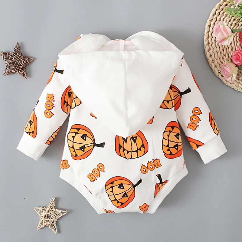 Baby Pumpkin Print Hoodie Romper