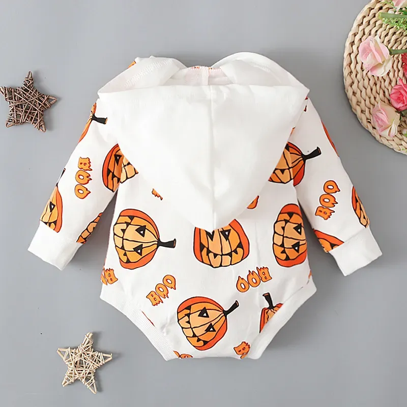 Baby Pumpkin Print Hoodie Romper