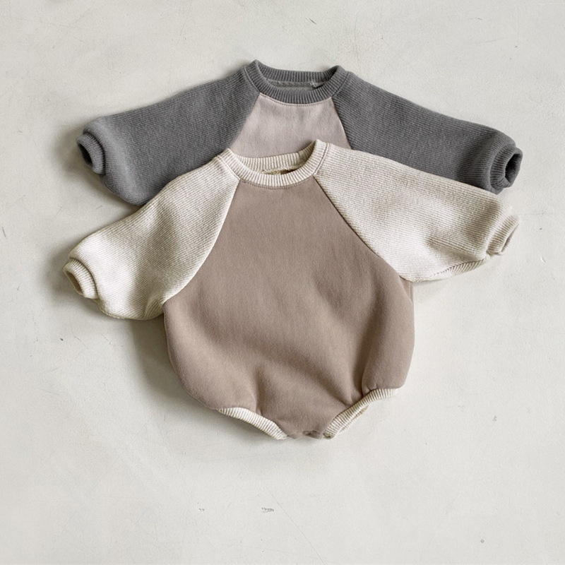 Baby Color-Block Raglan Sleeve Fleece-Lined Warm Romper