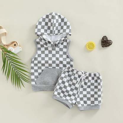 2 Piece plaid print hooded pocket Suit