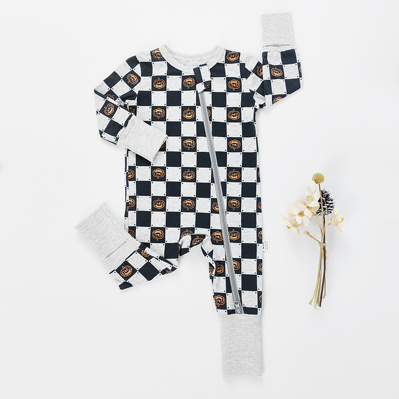 baby Checkered Pumpkin Zipper Romper